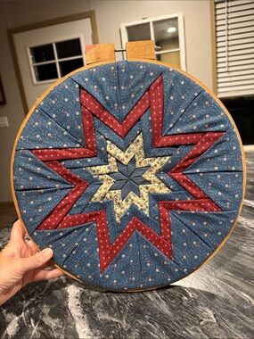 Handmade Star Quilt Hoop Wall Art - Blue, Burgundy, Cream